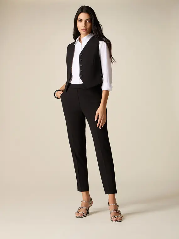 Pantaloni regular in tessuto crêpe Donna, Nero