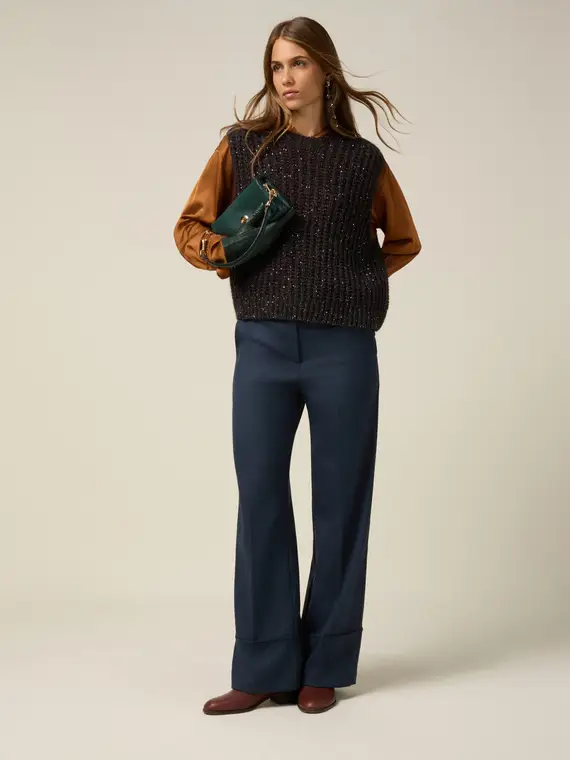 Pantaloni wide leg flare con risvolto Donna, Blu