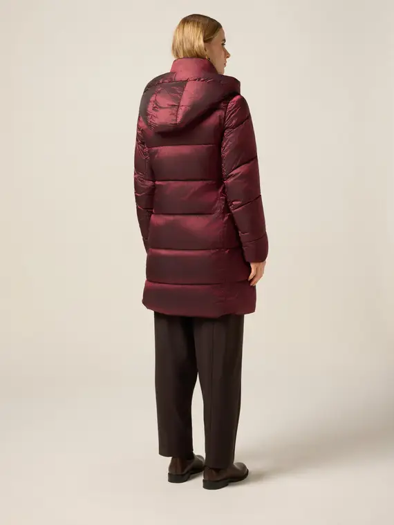 Piumino lungo in nylon con cappuccio Donna, Bordeaux miniatura 2