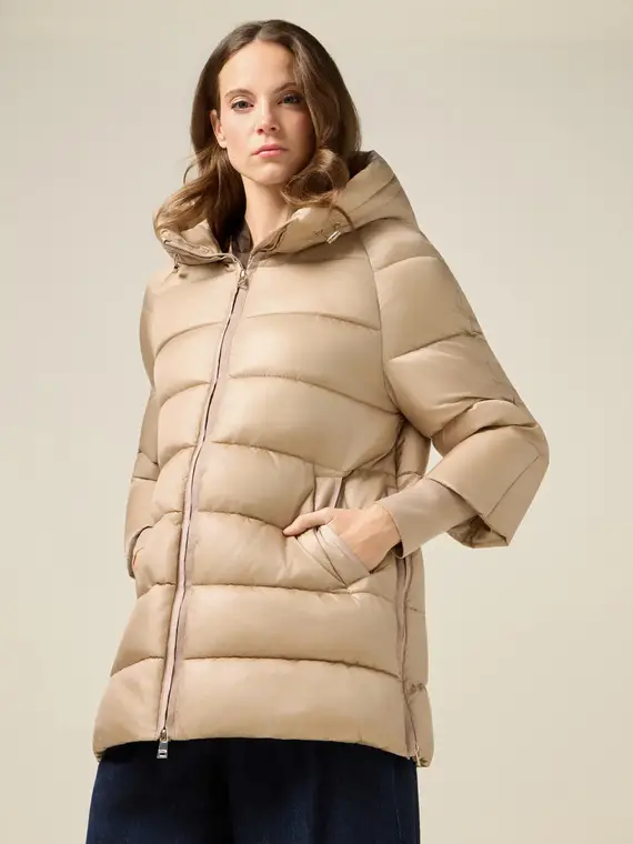 Piumino midi con cappuccio Donna, Beige