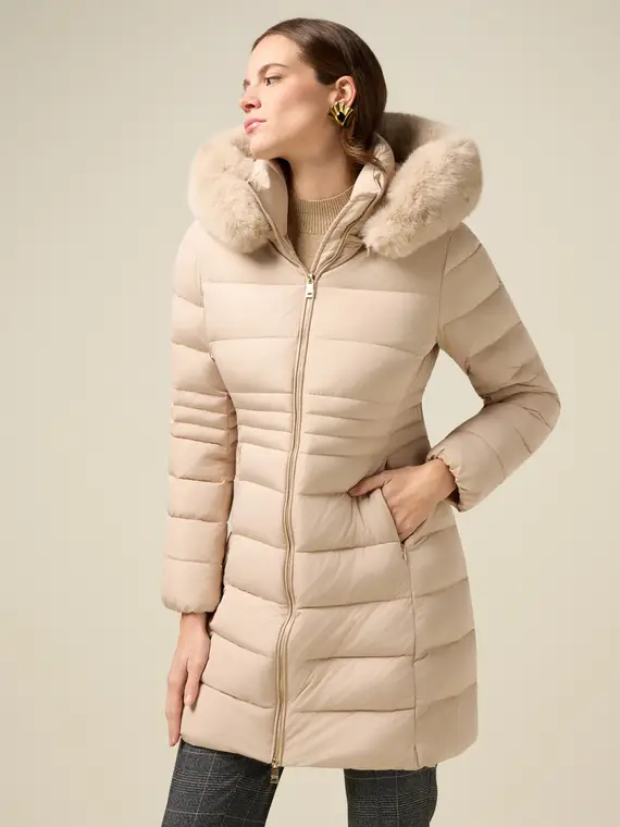 Piumino midi con cappuccio Donna, Beige