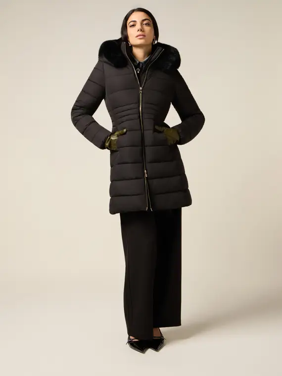 Piumino midi con cappuccio Donna, Nero