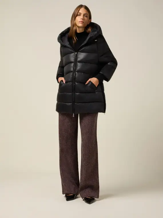 Piumino midi con cappuccio Donna, Nero