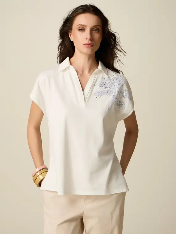 Polo con ricamo i paillettes Donna, Bianco