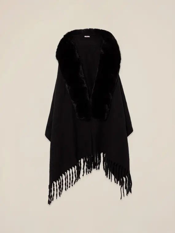 Poncho con frange e bordo peluche Donna, Nero miniatura 2