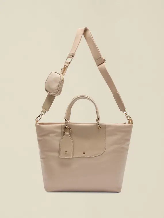 Shopper in nylon con tasca frontale Donna, Beige miniatura 2