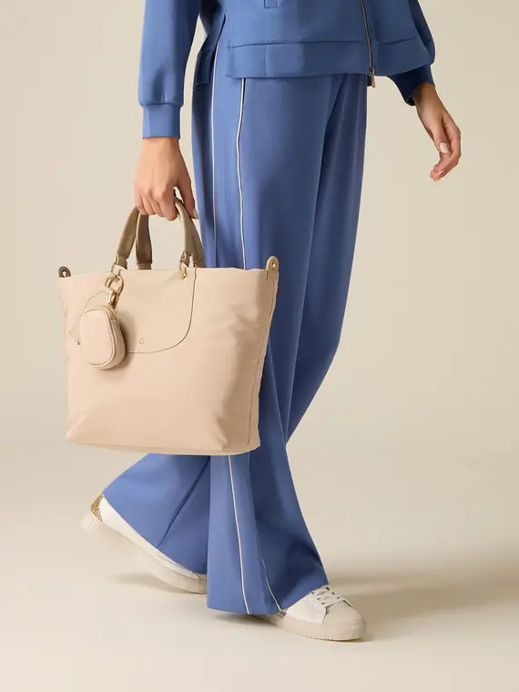 Shopper in nylon con tasca frontale Donna, Beige