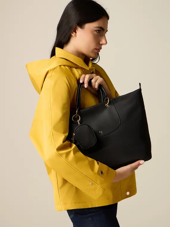 Shopper in nylon con tasca frontale Donna, Nero