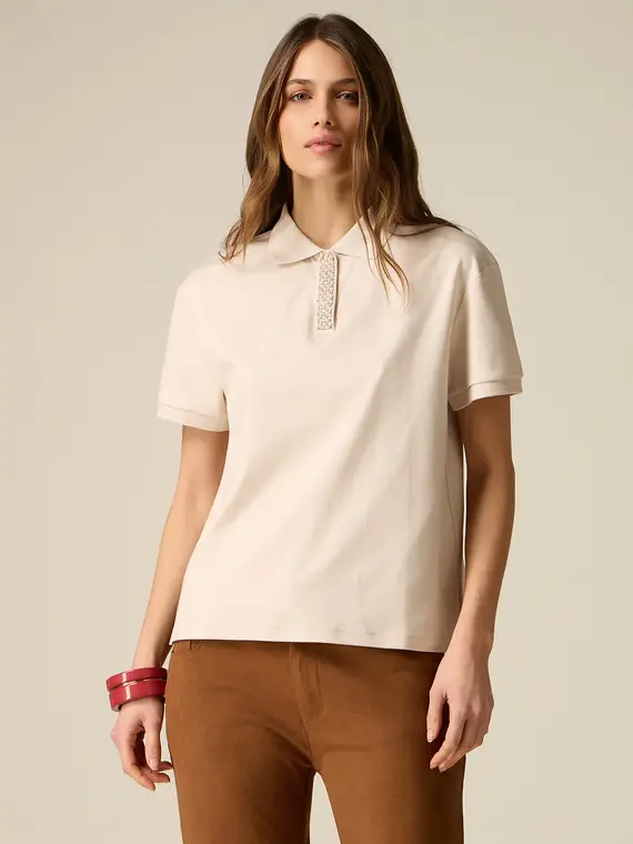 T-shirt a polo con cristalli Donna, Beige +