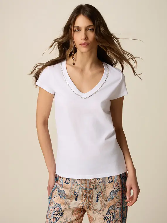 T-shirt in cotone con castoni Donna, Bianco +