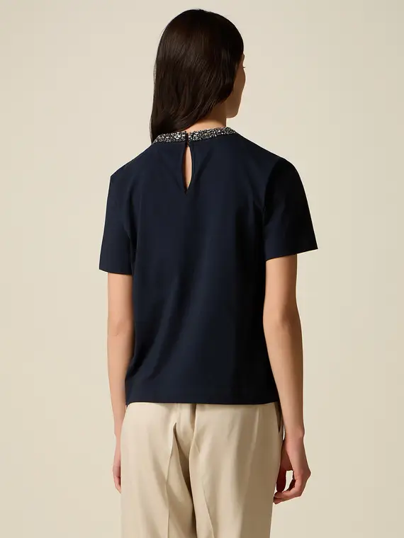 T-shirt in cotone con collo gioiello Donna, Blu + miniatura 2