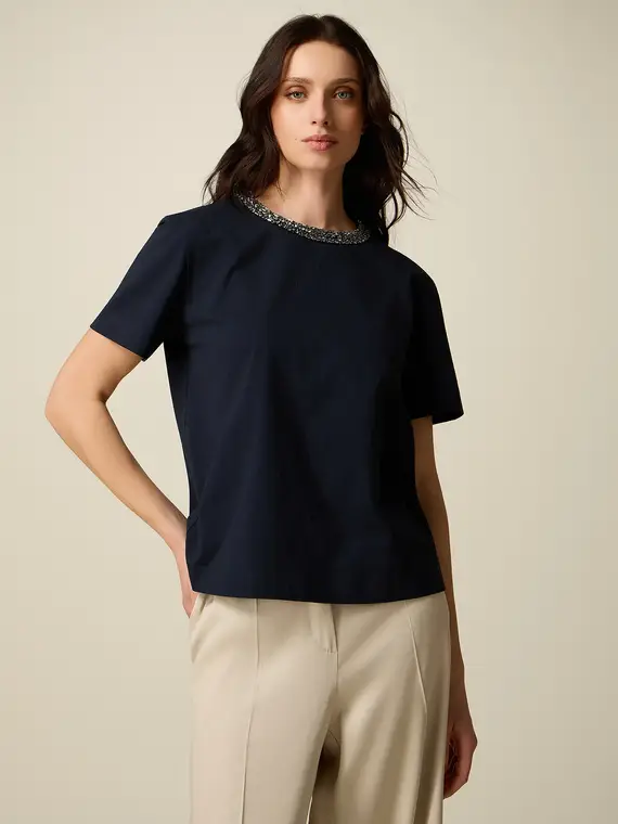 T-shirt in cotone con collo gioiello Donna, Blu +