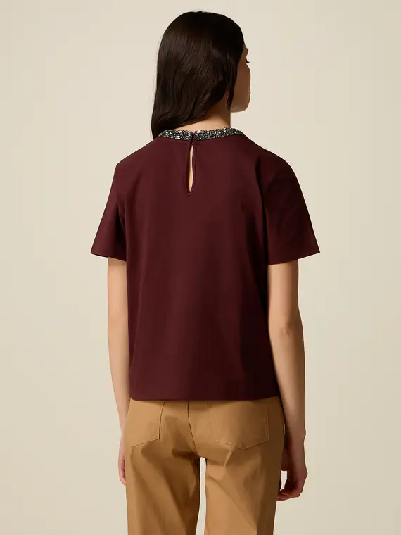 T-shirt in cotone con collo gioiello Donna, Bordeaux + miniatura 2