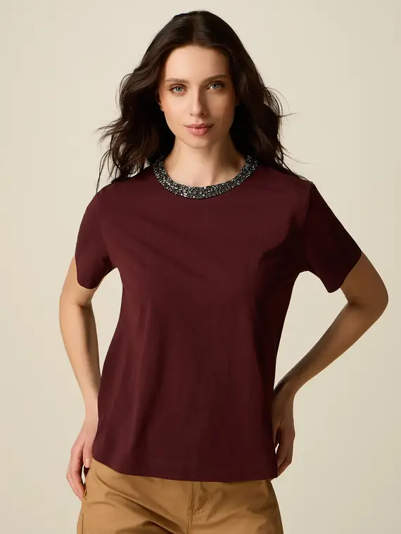 T-shirt in cotone con collo gioiello Donna, Bordeaux +