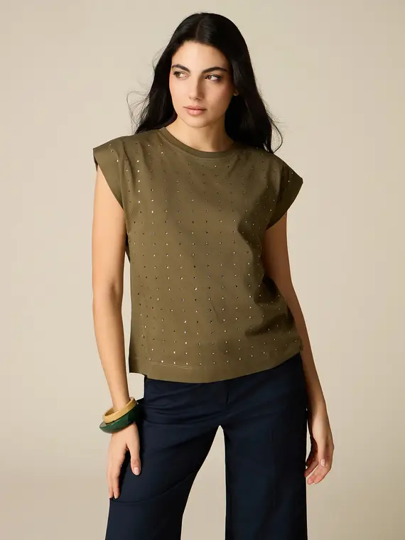 T-shirt in cotone con cristalli Donna, Verde militare +