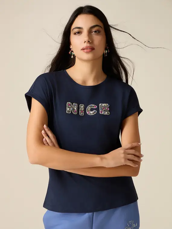 T-shirt in cotone con patch gioiello Donna, Blu +