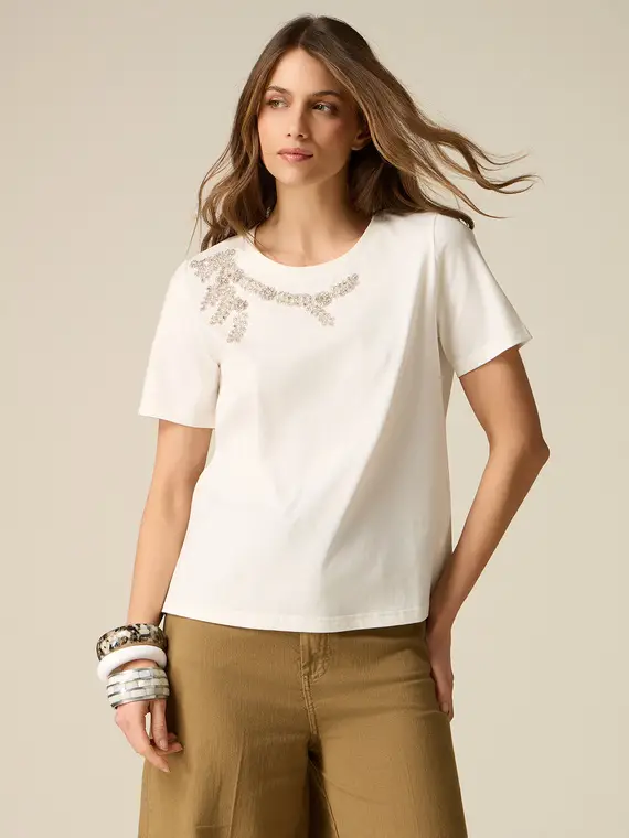 T-shirt in cotone con ricamo gioiello Donna, Bianco +