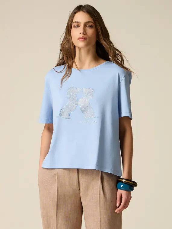 T-shirt maniche corte con applicazioni Donna, Azzurro +