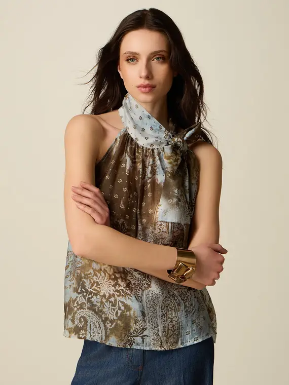 Top fantasia con fiocco Donna, Marrone