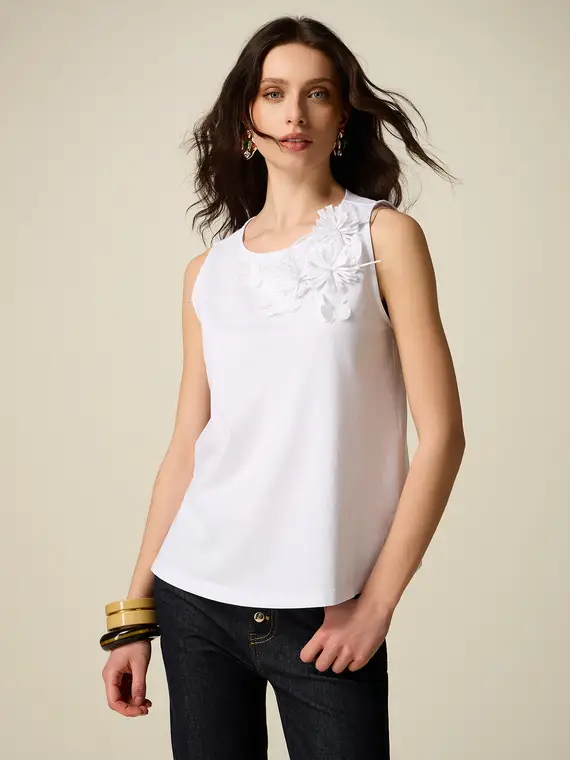 Top in cotone con applicazioni floreali Donna, Bianco +