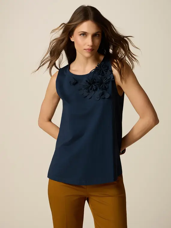 Top in cotone con applicazioni floreali Donna, Blu +