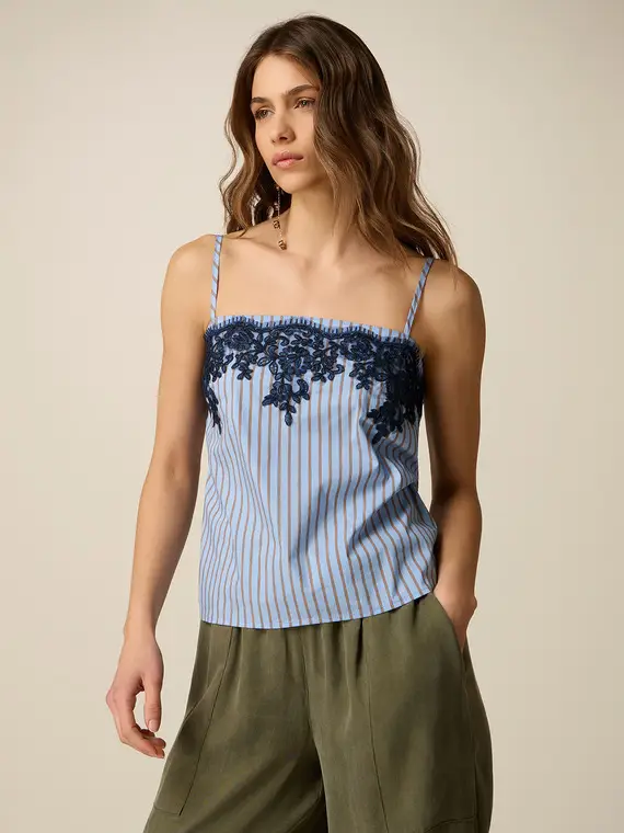 Top in popeline a righe con pizzo Donna, Azzurro