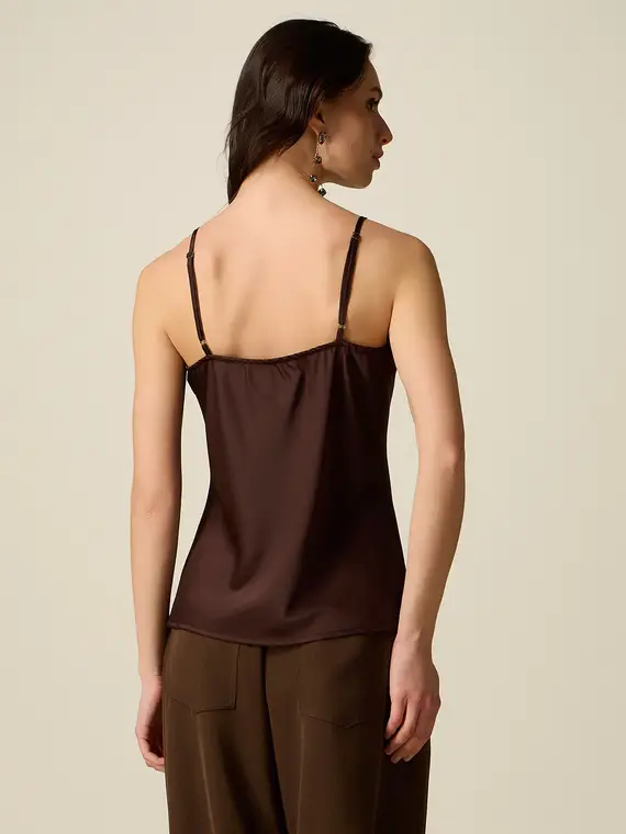 Top in raso con pizzo a contrasto Donna, Marrone miniatura 2