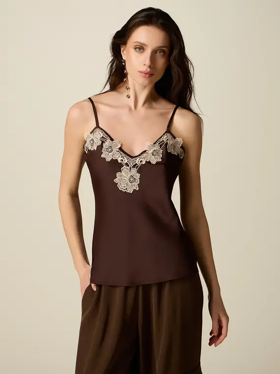 Top in raso con pizzo a contrasto Donna, Marrone