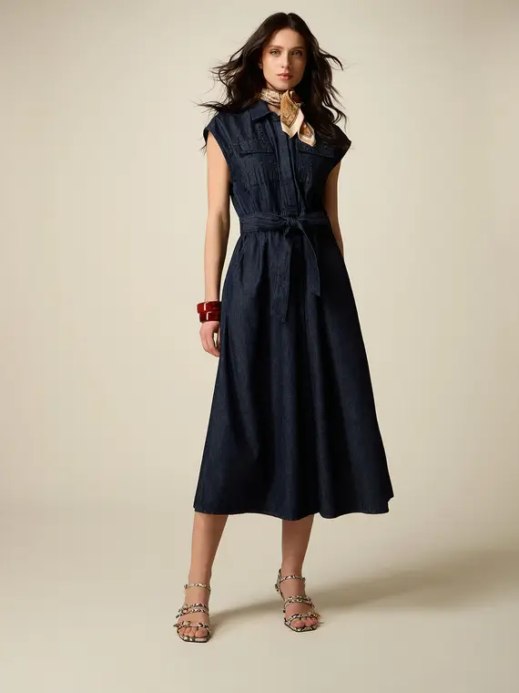 Vestito chemisier in denim con ricami Donna, Blu