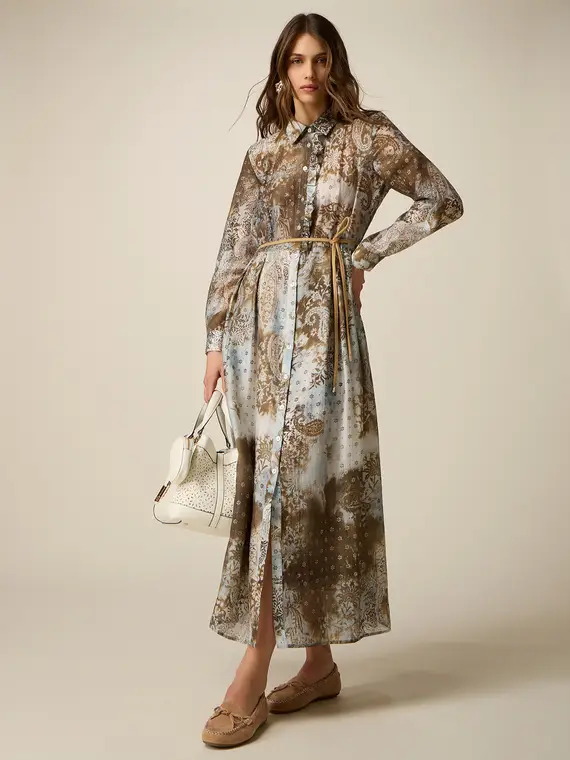 Vestito chemisier lungo fantasia Donna, Marrone