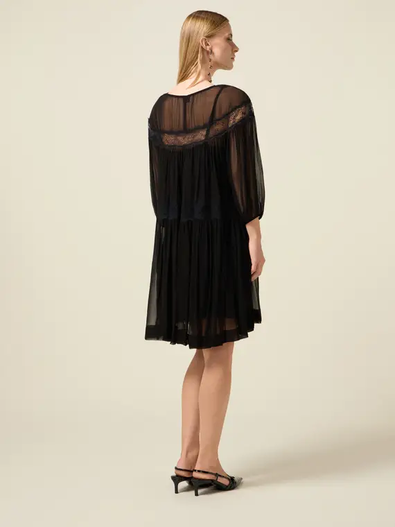 Vestito flare in creponne con pizzo Donna, Nero miniatura 2