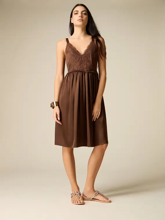 Vestito in raso con inserto in pizzo Donna, Marrone