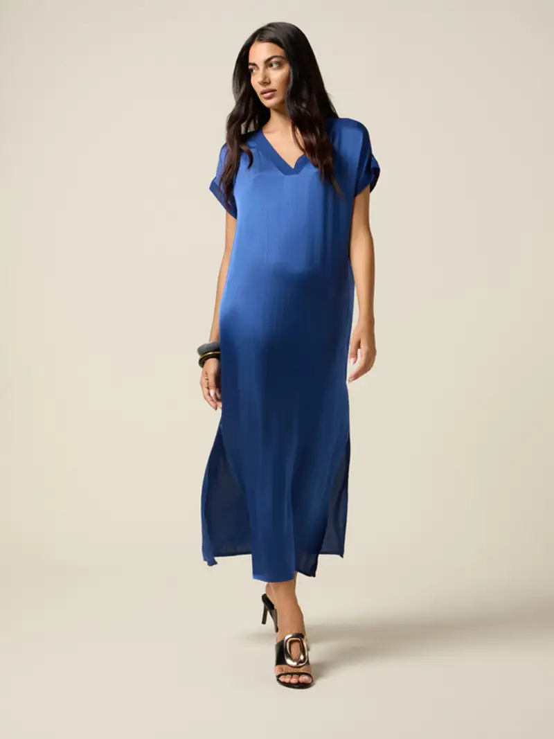 Oltre - Vestito lungo in raso con maniche a kimono Donna, Bluette Taglia: M