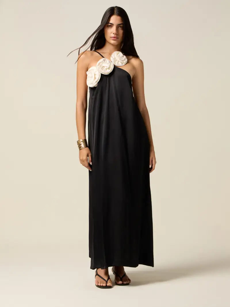 Oltre - Vestito lungo in raso con rose applicate Donna, Nero Taglia: S