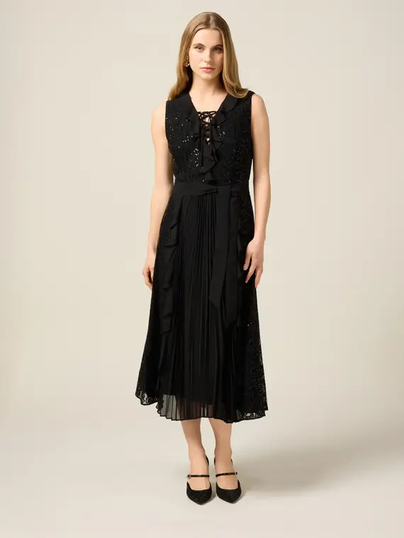 Vestito midi con volant e paillettes Donna, Nero