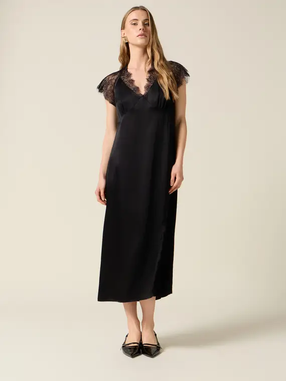 Vestito midi in raso con pizzo Donna, Nero