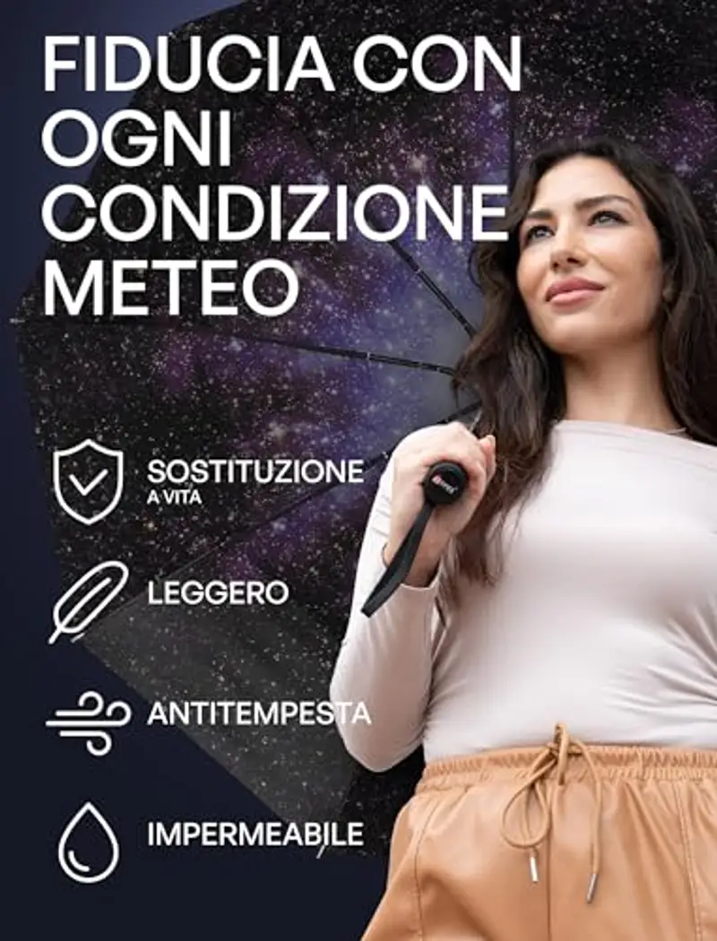 Ombrello da viaggio antivento con rivestimento in teflon, Unisex - Adulto, Windproof Travel Umbrella, Notte stellata… miniatura 3