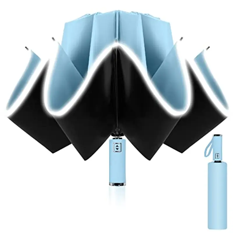 Ombrello Inverso Automatico, Ombrello Pieghevole Antivento, Ombrello Grande da Pioggia 10 Stecche Rinforzate per Uomo Donna, Diametro 105cm (Azzurro)