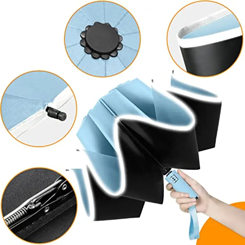 Ombrello Inverso Automatico, Ombrello Pieghevole Antivento, Ombrello Grande da Pioggia 10 Stecche Rinforzate per Uomo Donna, Diametro 105cm (Azzurro) miniatura 2