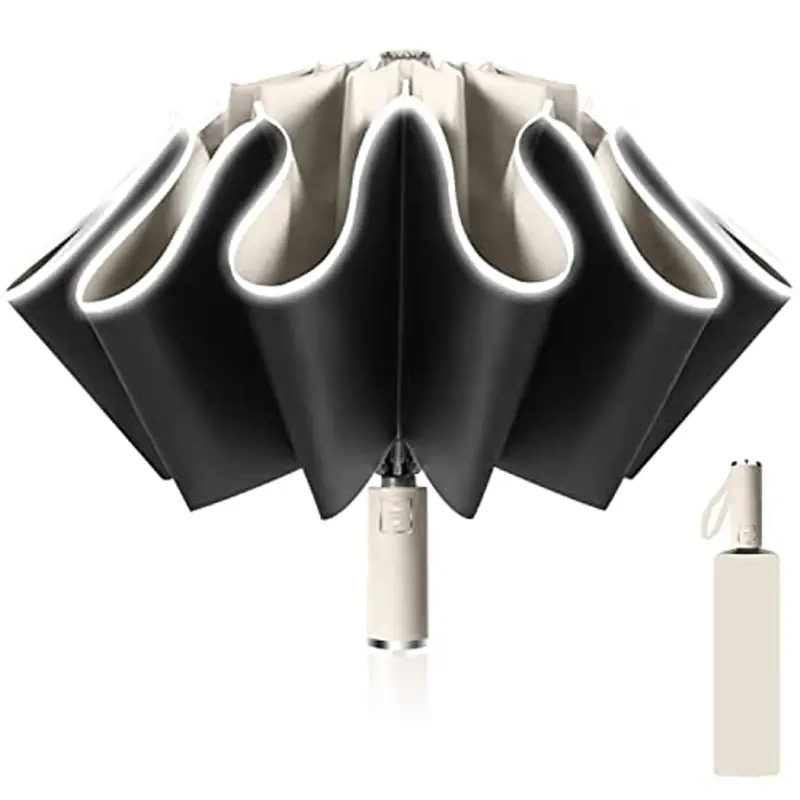 Ombrello Inverso Automatico, Ombrello Pieghevole Antivento, Ombrello Grande da Pioggia 10 Stecche Rinforzate per Uomo Donna, Diametro 105cm (Beige)