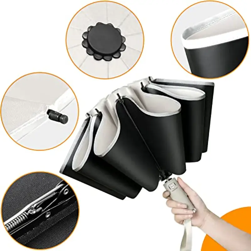 Ombrello Inverso Automatico, Ombrello Pieghevole Antivento, Ombrello Grande da Pioggia 10 Stecche Rinforzate per Uomo Donna, Diametro 105cm (Beige) miniatura 2