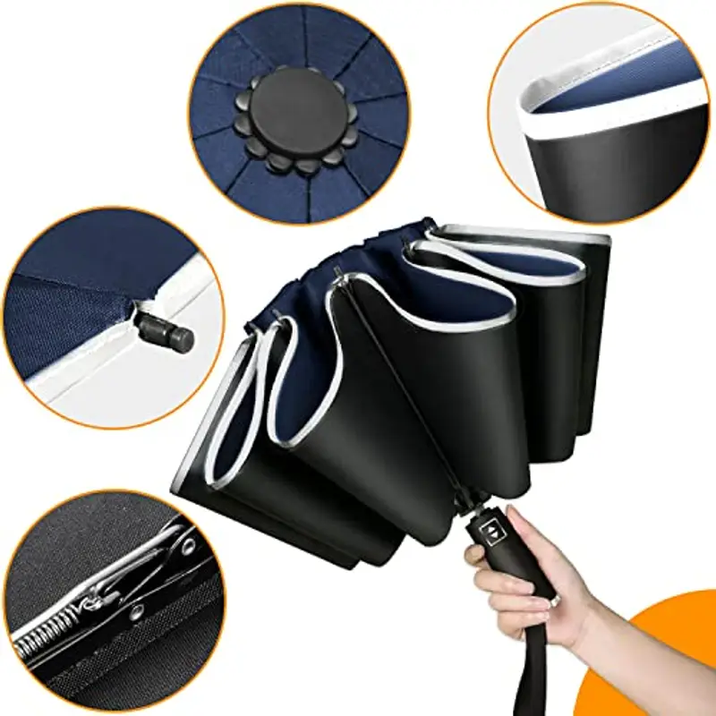 Ombrello Inverso Automatico, Ombrello Pieghevole Antivento, Ombrello Grande da Pioggia 10 Stecche Rinforzate per Uomo Donna, Diametro 105cm (Blu scuro) miniatura 2