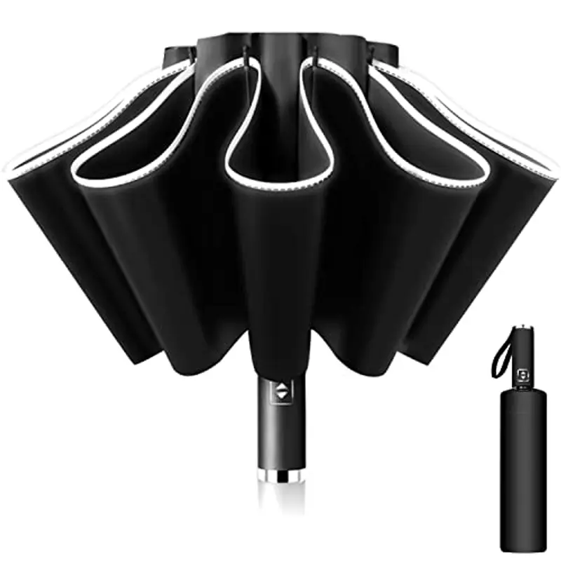 Ombrello Inverso Automatico, Ombrello Pieghevole Antivento, Ombrello Grande da Pioggia 10 Stecche Rinforzate per Uomo Donna, Diametro 105cm (Nero)