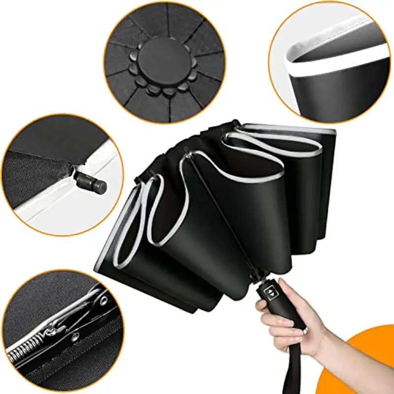 Ombrello Inverso Automatico, Ombrello Pieghevole Antivento, Ombrello Grande da Pioggia 10 Stecche Rinforzate per Uomo Donna, Diametro 105cm (Nero) miniatura 2