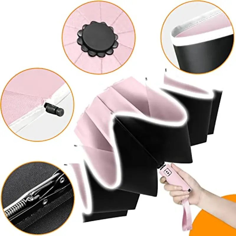 Ombrello Inverso Automatico, Ombrello Pieghevole Antivento, Ombrello Grande da Pioggia 10 Stecche Rinforzate per Uomo Donna, Diametro 105cm (Rosa) miniatura 2