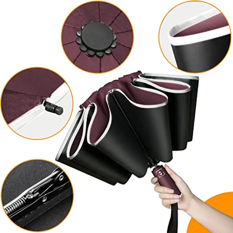 Ombrello Inverso Automatico, Ombrello Pieghevole Antivento, Ombrello Grande da Pioggia 10 Stecche Rinforzate per Uomo Donna, Diametro 105cm (Vino Rosso) miniatura 2