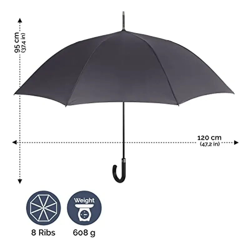 Ombrello Lungo Tinta Unita Classico Apertura Automatica Uomo - Ombrello Grande XL con Manico Curvo Resistente al Vento Adulti - Ombrello Ultra Leggero in Fibra di Vetro - Diam 120 cm (Grigio Scuro) miniatura 2