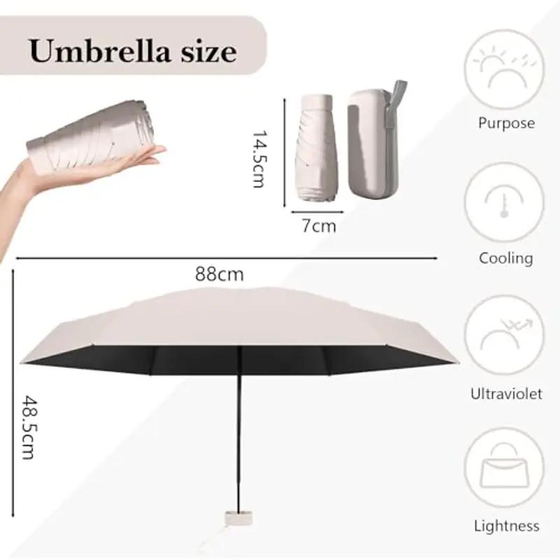 Ombrello Piccolo, Mini Ombrello Tascabile, Ombrello Da Viaggio Da Viaggio Pioggia e Sole Piccolo Compatto Ombrello Da Donna Piccolo Ombrello Anti-Uv Per Pioggia?beige miniatura 2