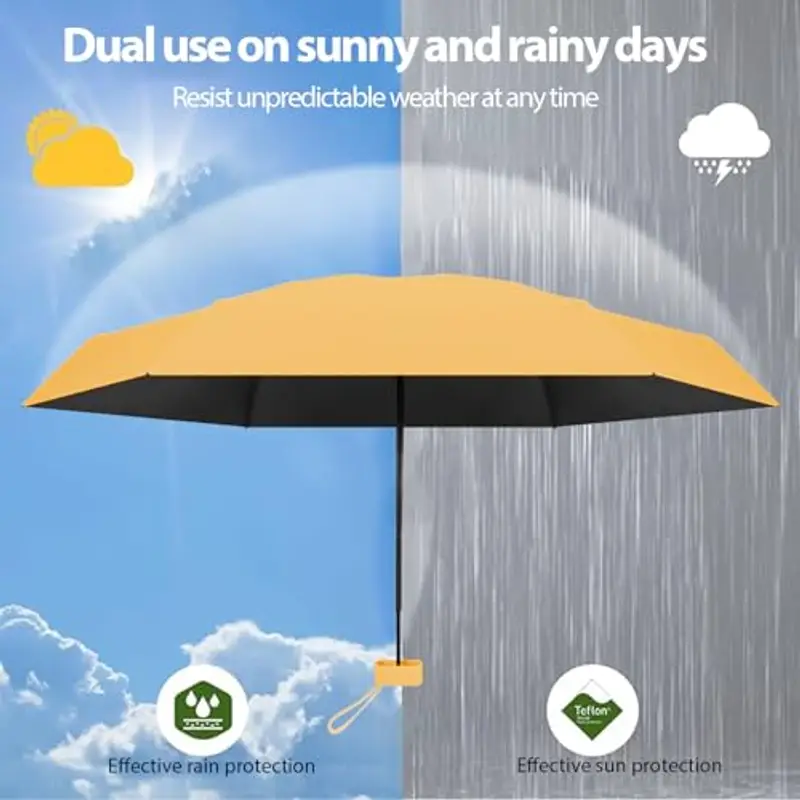 Ombrello Piccolo, Mini Ombrello Tascabile, Ombrello Da Viaggio Da Viaggio Pioggia e Sole Piccolo Compatto Ombrello Da Donna Piccolo Ombrello Anti-Uv Per Pioggia?GIALLO miniatura 3