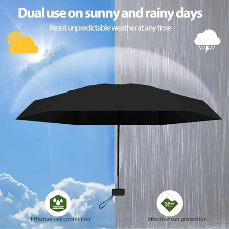 Ombrello Piccolo, Mini Ombrello Tascabile, Ombrello Da Viaggio Da Viaggio Pioggia e Sole Piccolo Compatto Ombrello Da Donna Piccolo Ombrello Anti-Uv Per Pioggia?nero miniatura 3